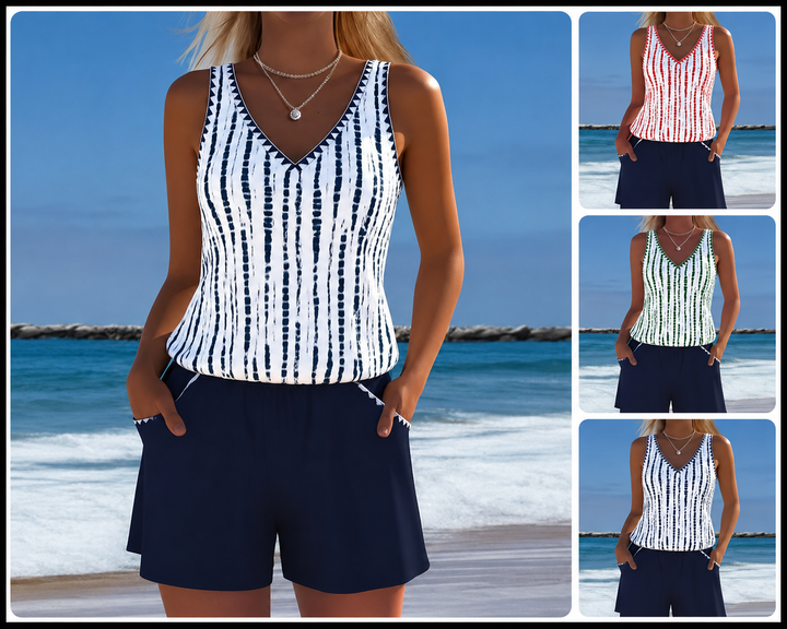 Mia | Casual Two Piece Printed V-Neck Swimsuit with Pockets