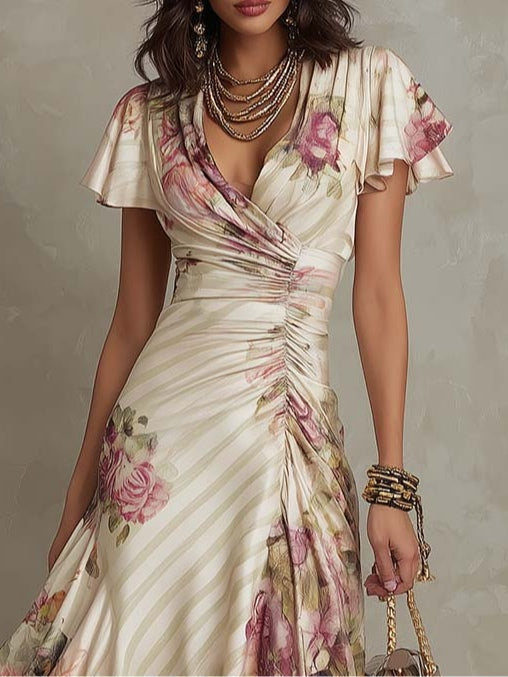 Albas | Elegant Retro Floral Satin Midi Dress