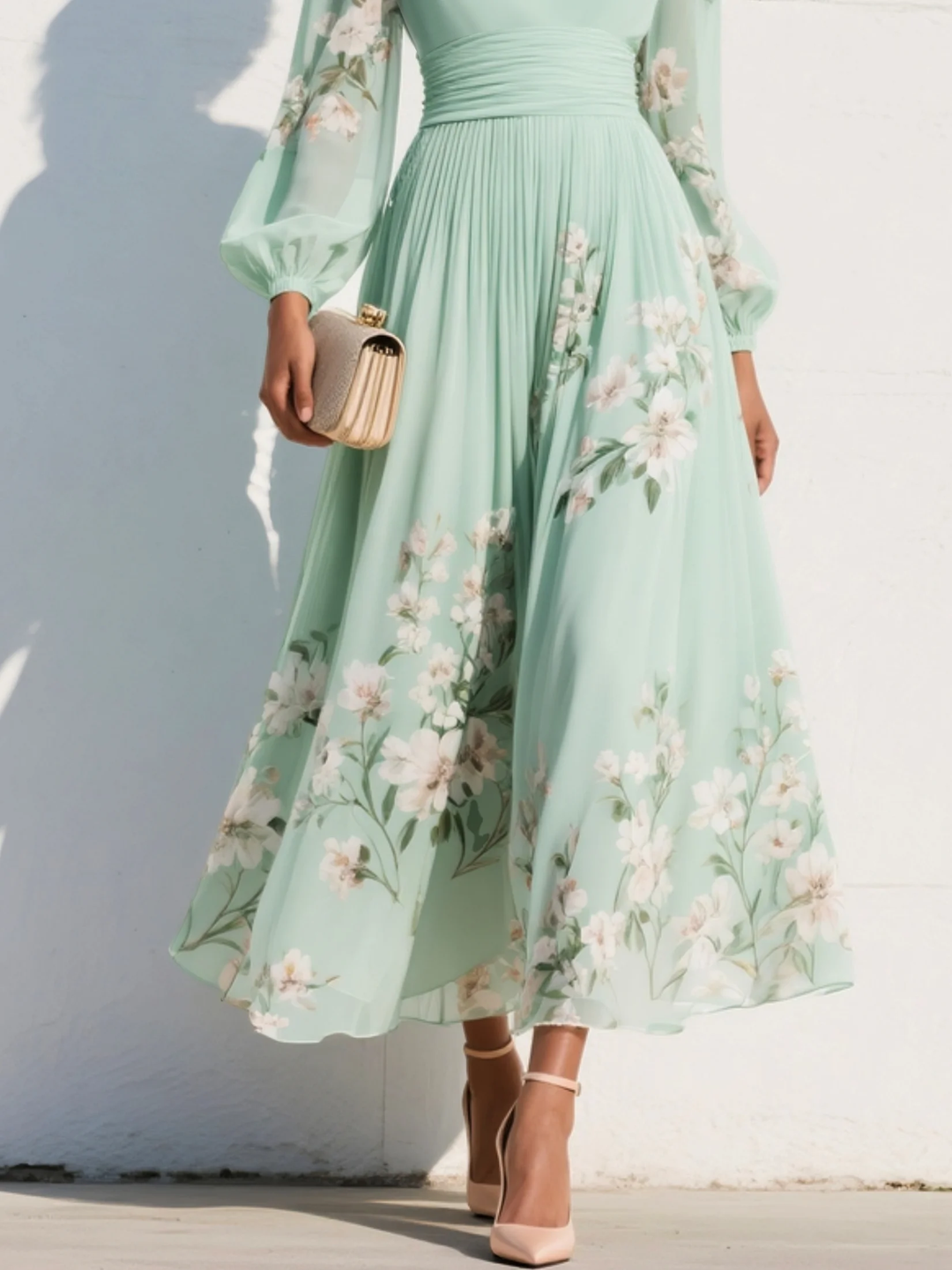Esther | Light Green V-Neck Chiffon Pleated Floral Midi Dress