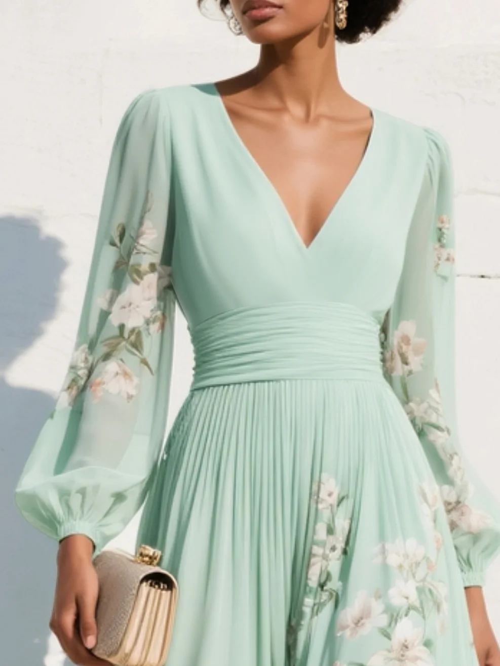 Esther | Light Green V-Neck Chiffon Pleated Floral Midi Dress