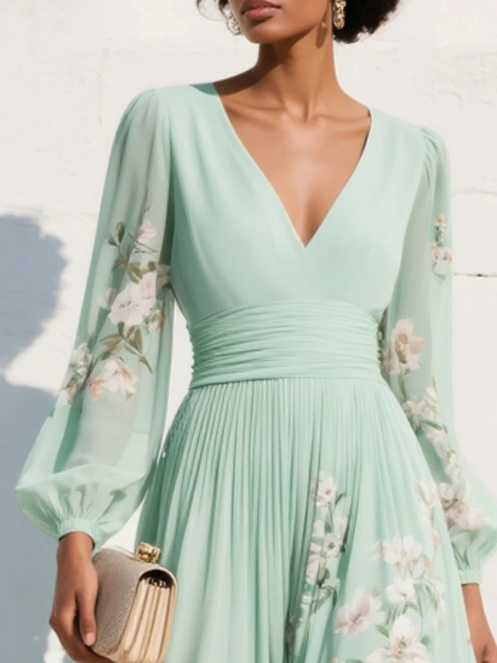 Esther | Light Green V-Neck Chiffon Pleated Floral Midi Dress