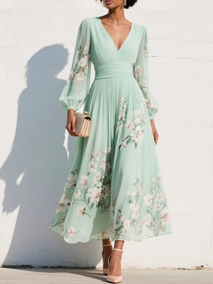 Esther | Light Green V-Neck Chiffon Pleated Floral Midi Dress