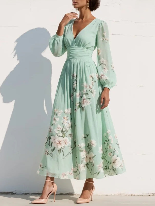 Esther | Light Green V-Neck Chiffon Pleated Floral Midi Dress