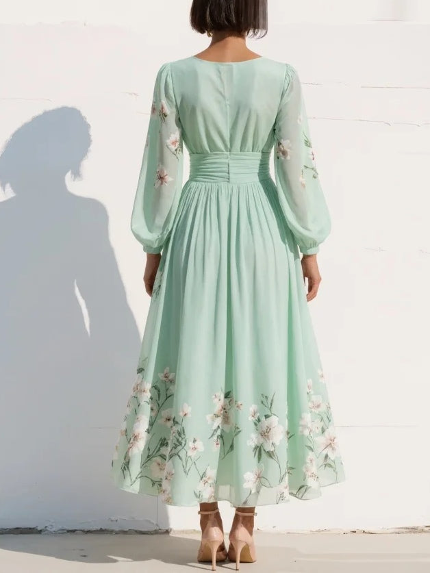 Esther | Light Green V-Neck Chiffon Pleated Floral Midi Dress