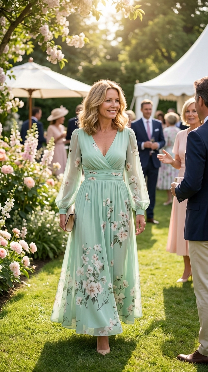 Esther | Light Green V-Neck Chiffon Pleated Floral Midi Dress