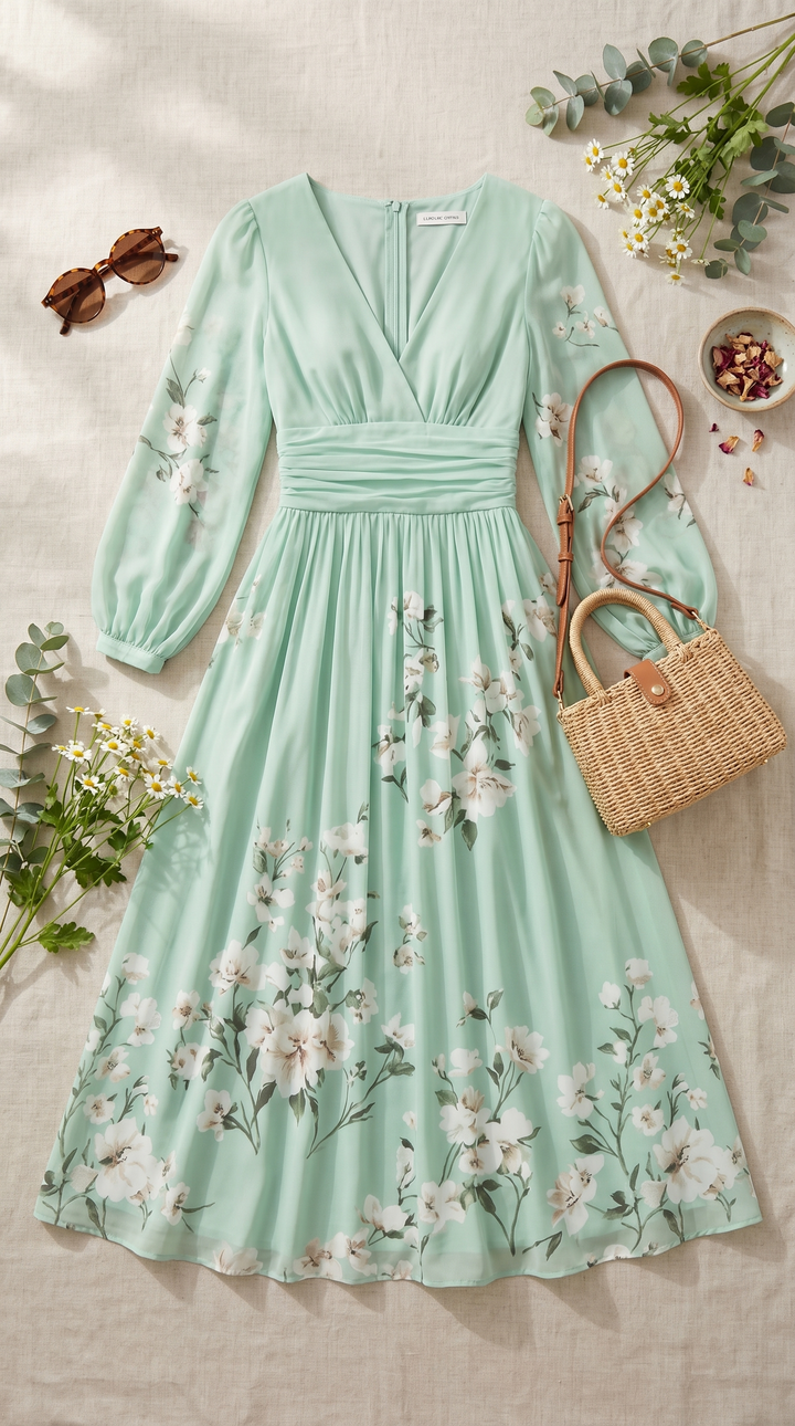 Esther | Light Green V-Neck Chiffon Pleated Floral Midi Dress