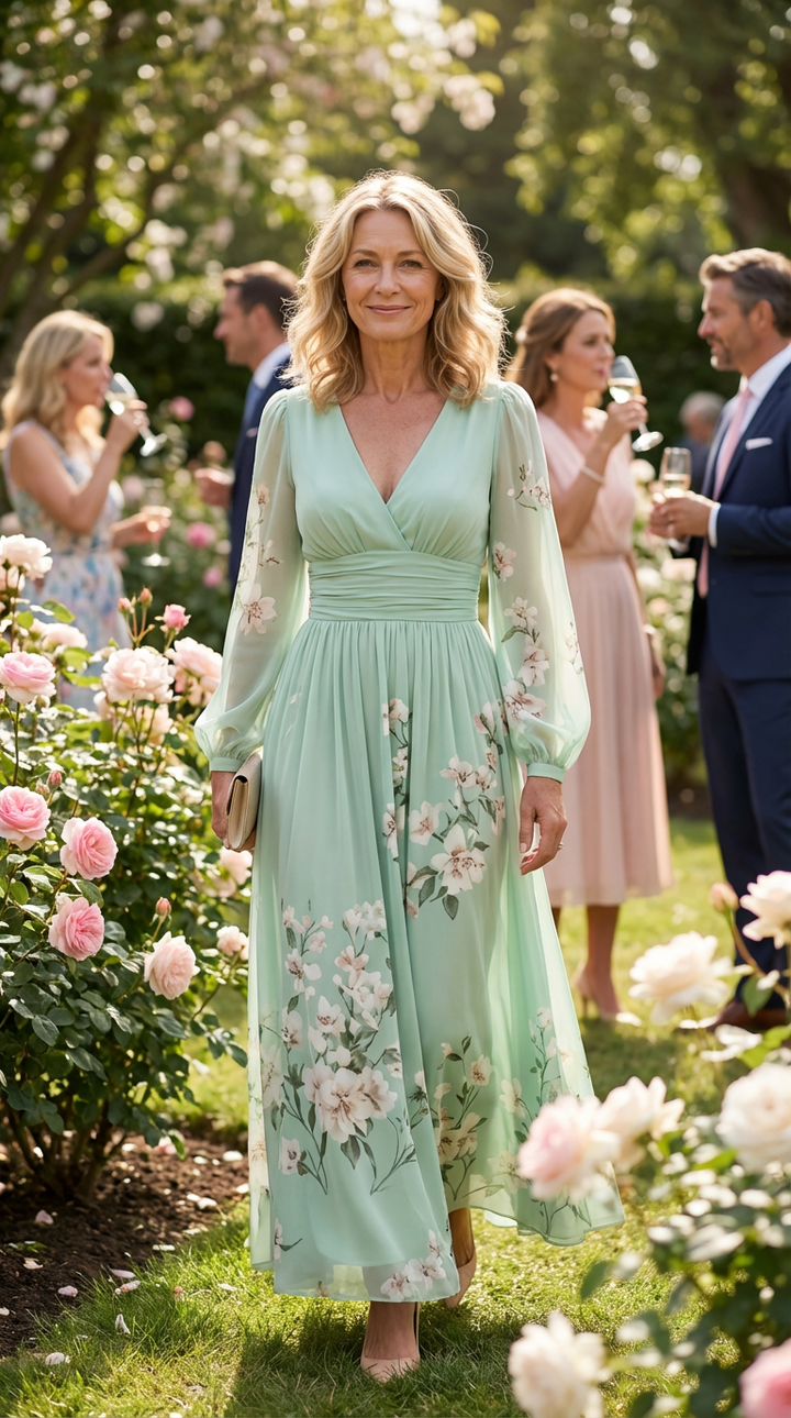 Esther | Light Green V-Neck Chiffon Pleated Floral Midi Dress