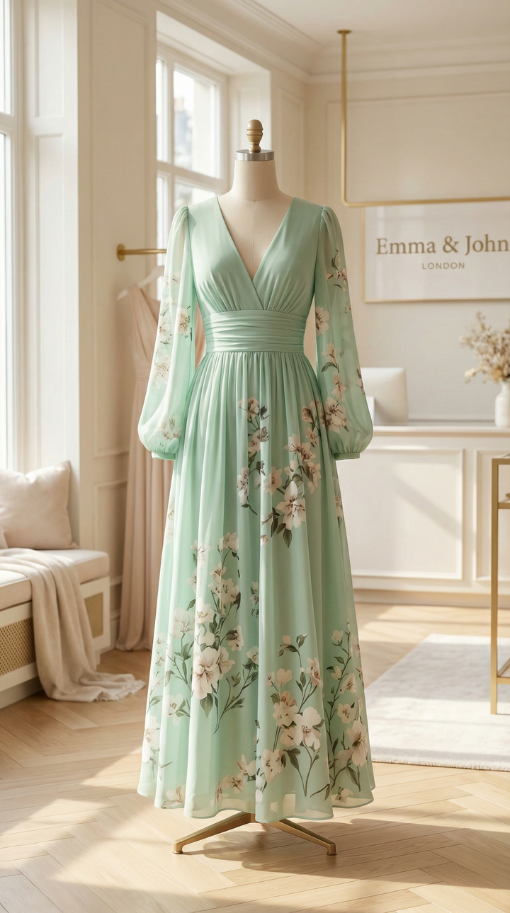 Esther | Light Green V-Neck Chiffon Pleated Floral Midi Dress
